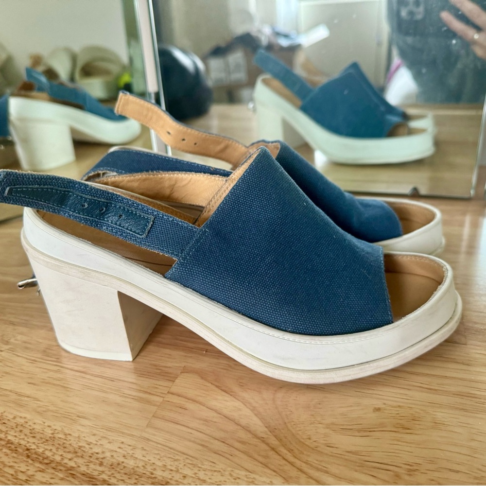Blue and White Chunky Heel Sandals